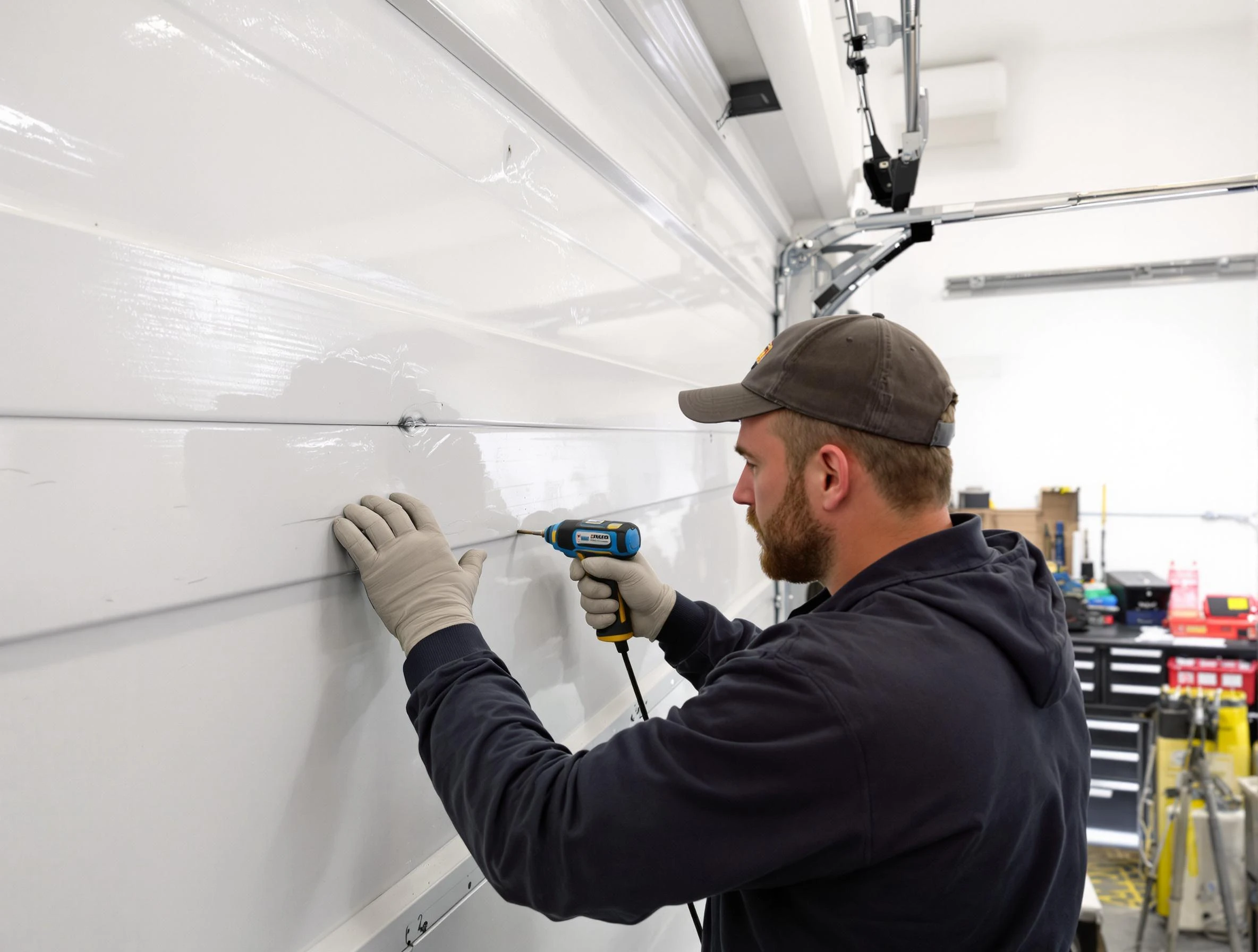 Jacksonville Garage Door Repair technician demonstrating precision dent removal techniques on a Jacksonville garage door